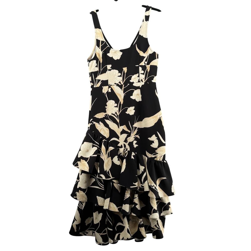 Chelsea 28 Print Tiered Ruffle Sleeveless Midi Dress Women S Black Plunge V Neck - Picture 2 of 14